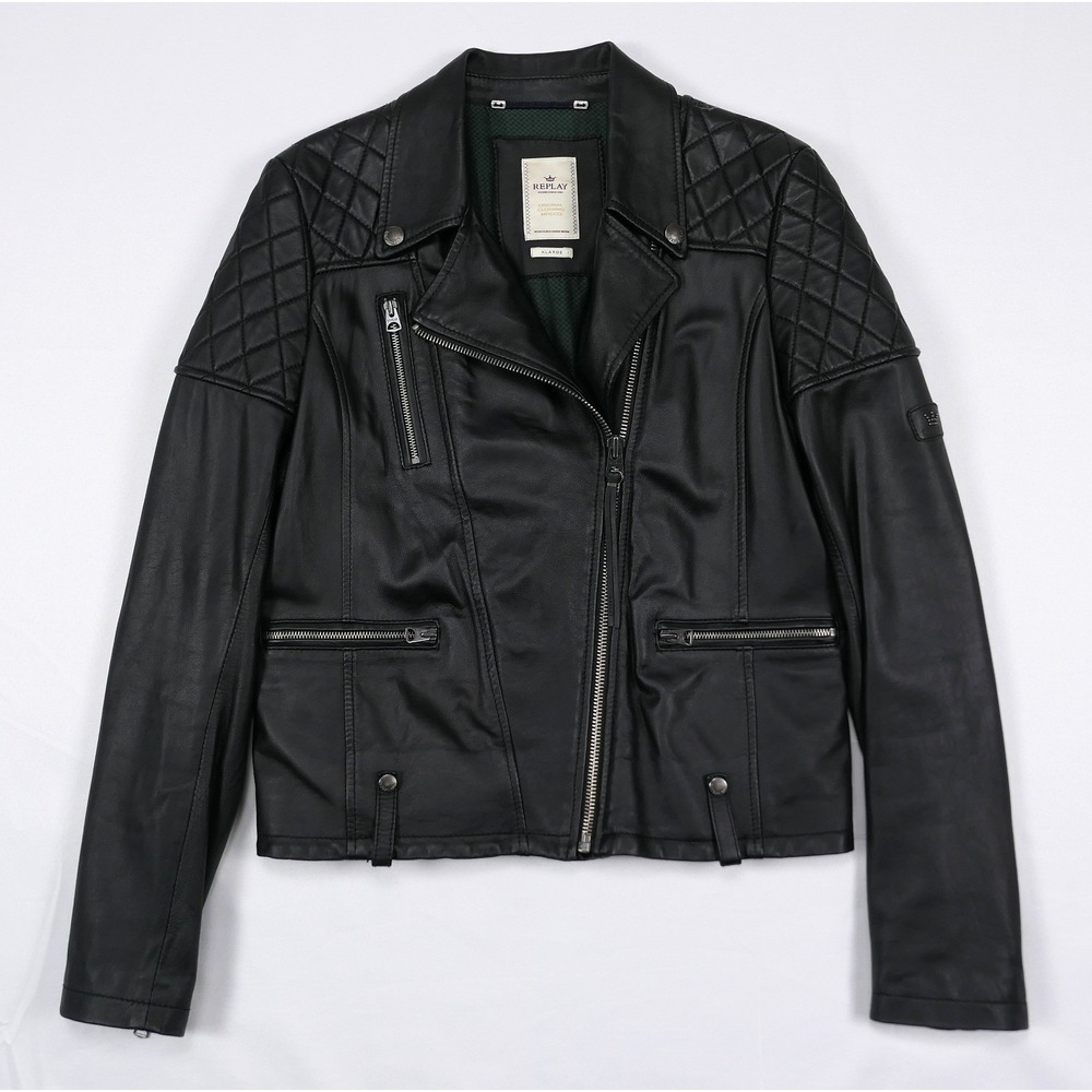 Replay Black Leather Biker Motorcycle Jacket XL Made in Italy MINT Condition